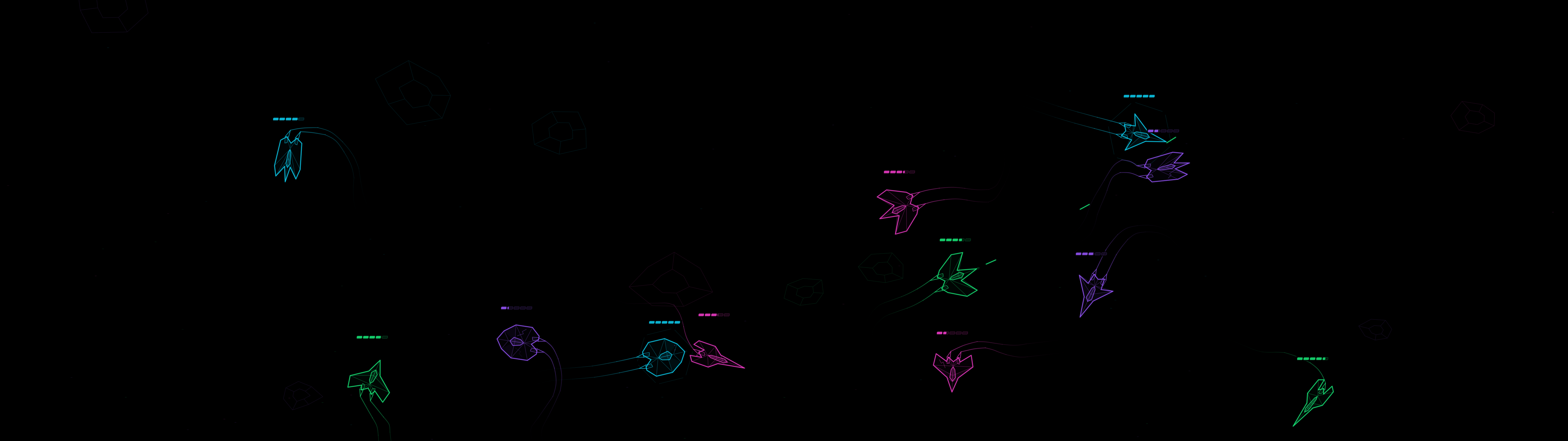 Actual AFK Wars screenshot: cyan, green and purple wireframe ships battling against a black background